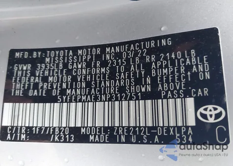 2022 Toyota Corolla Le from USA, damaged, VIN 5YFEPMAE3NP312751